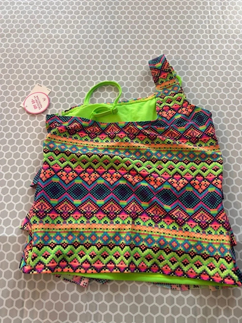 NWT Justice Neon Green & Multi-Color Aztec Tankini Set. Size 10